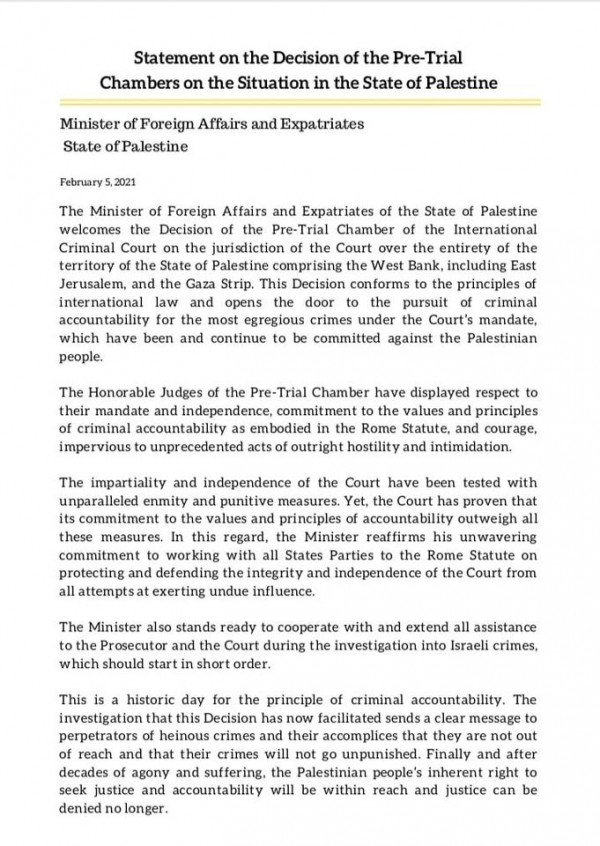 Statement on the Decision of the Pre Trial Chambers on the Situation in the State of Palestine