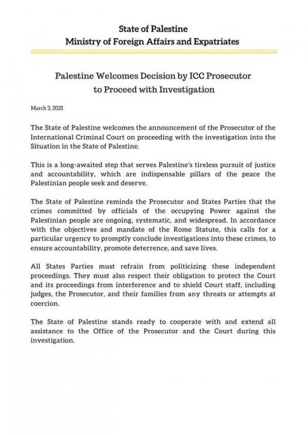 Palestine Welcomes Decision by ICC Prosecutor to Proceed with Investigation